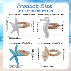 4Pcs 4 Styles Resin Conch Shell Starfish Sea Horse & Jute Rope Napkin Rings&nbsp;AJEW-GF0011-12