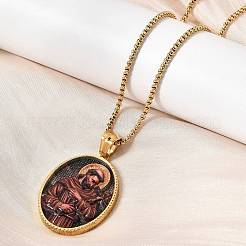 Unisex Religion 304 Stainless Steel Enamel Oval Pendant Box Chain Necklaces&nbsp;STAS-H258-02G-03