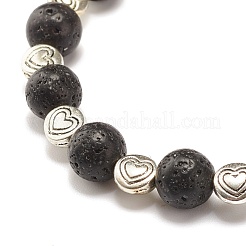 Round Natural Lava Rock & Heart Alloy Beads Stretch Bracelet&nbsp;BJEW-JB07458