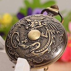 Openable Flat Round with Dragon Alloy Glass Pendant Pocket Watch&nbsp;WACH-L024-10
