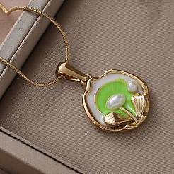 304 Stainless Steel Enamel with Imitation Pearl Flower Pendant Necklaces for Women&nbsp;DU2502