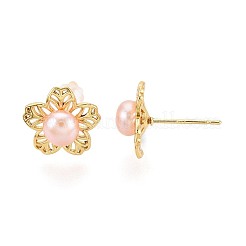 Flower Brass Natural Pearl Stud Earrings&nbsp;PEAR-N017-07F