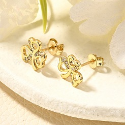 Clover Brass Micro Pave Clear Cubic Zirconia Stud Earrings&nbsp;EJEW-C126-02G