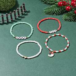 4Pcs 4 Style Glass Stretch Bracelets Set with Word Xmas Joy Acrylic Beads&nbsp;BJEW-TA00126