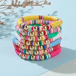 7Pcs Rainbow Polymer Clay Heishi Beads Stretch Bracelets Set&nbsp;BJEW-JB05889