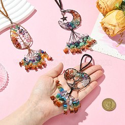 3Pcs 3 Styles Copper Wire Wrapped Chakra Natural Gemstone with Tree of Life Pendant Decorations&nbsp;HJEW-CJ0001-22