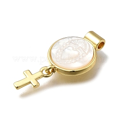 Brass Pave Natural White Shell Flat Round with Cross Pendants&nbsp;KK-C090-40G-04