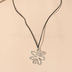 Bohemian Hollow Flower Alloy Pendant Black Imitation Leather Cord Long Necklaces for Women&nbsp;FS-WG2C5A1-01