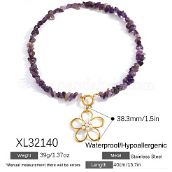 Summer Faux Pearl 304 Stainless Steel Flower Pendant Natural Amethyst Chip Beaded Necklaces for Women&nbsp;WGDF0A1-01