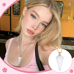 Natural Quartz Crystal Faceted Cone Pendant Perfume Bottle Necklaces with 304 Stainless Steel Cable Chain&nbsp;NJEW-WH0002-266F