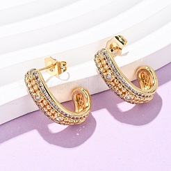 Brass Micro Pave Clear Cubic Zirconia J-Shaped Stud Earrings&nbsp;EJEW-B153-18G