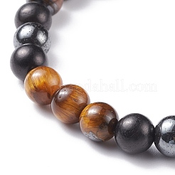 Natural Wood & Tiger Eye & Synthetic Hematite Round Beaded Stretch Bracelet&nbsp;BJEW-JB08150