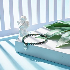 Natural Australian Turquoise(Jasper) Round Beaded Stretch Bracelet with Leaf Charm&nbsp;BJEW-JB07587-02