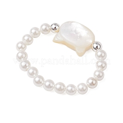 Cat Shaped Natural White Shell Beaded Stretch Finger Rings&nbsp;RJEW-TA00175