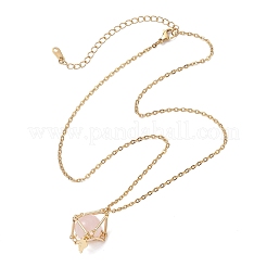 Brass Macrame Pouch Natural Rose Quartz Inside & 304 Stainless Steel Pendant Necklaces for Women&nbsp;NJEW-JN05607-02