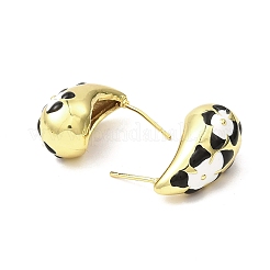 Teardrop with Flower Real 18K Gold Plated Brass Enamel Stud Earrings&nbsp;EJEW-L270-013G-01
