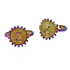 Rainbow Color 304 Stainless Steel Flat Round with Initial Cuff Ring&nbsp;RJEW-S405-139