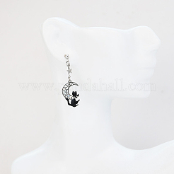 Enamel Cat with Moon Dangle Stud Earrings with Crystal Rhinestone&nbsp;MOST-PW0001-058B