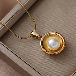 304 Stainless Steel with White Imitation Pearl Half Round Pendant Necklaces for Women and Girls&nbsp;EO0407