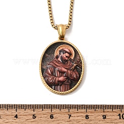 Unisex Religion 304 Stainless Steel Enamel Oval Pendant Box Chain Necklaces&nbsp;STAS-H258-02G-03