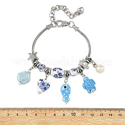 European Blue White Handmade Porcelain Ocean Fish Turtle Shell Charm Brass Snake Chain Bracelets&nbsp;BJEW-JB14402