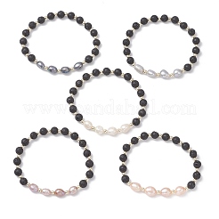Natural Lava Rock & Cultured Freshwater Pearl Beads Stretch Bracelets for Women&nbsp;BJEW-JB12868