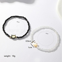 2Pcs 2 Color Natural Shell Cat & Gemstone Beaded Stretch Bracelets Set&nbsp;LJ6864
