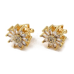 Rack Plating Real 18K Gold Plated Brass Sunflower Shape Clip-on Earrings, with Cubic Zirconia, Long-Lasting Plated, Lead Free & Cadmium Free, Clear, 12.5x15.5mm
