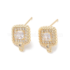 Brass Micro Pave Cubic Zirconia Stud Earring Findings, Cadmium Free & Nickel Free & Lead Free, Square, Real 18K Gold Plated, 14x11mm, Hole: 1.2mm, Pin: 0.8mm