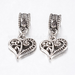 Tibetan Style Alloy European Dangle Charms, Large Hole Pendants, Hollow Heart, Antique Silver, 25mm, Pendant: 14x13.5x3mm, Hole: 4.5mm