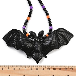 Halloween Acrylic Bat Pendant Plastic Round Beaded Necklaces&nbsp;NJEW-H083-01