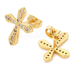Rack Plating Cross Brass Pave Clear Cubic Zirconia Stud Earrings&nbsp;EJEW-S245-01G-B