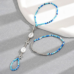 Bohemian Style Alloy Starfish & Plastic Shell Shape & Glass Seed Beaded Stretch Double Layer Toe Ring Anklets for Women&nbsp;FS-WG2BCD2-01