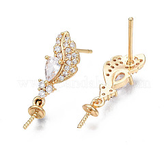 Feather Shape Brass Micro Pave Clear Cubic Zirconia Earring Findings&nbsp;KK-S356-435A-NF
