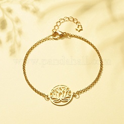 201 Stainless Steel Lotus Links Bracelet with 304 Stainless Steel Box Chains for Women&nbsp;BJEW-JB08281-04