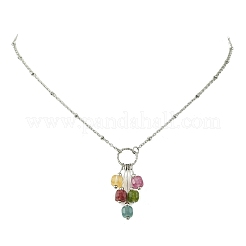 Natural Multicolor Tourmaline Faceted Cube Beaded Tassel Pendant 304 Stainless Steel Satellite Chain Necklaces for Women&nbsp;NJEW-JN06448-01