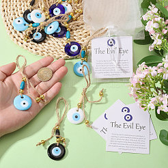 Handmade Flat Round with Evil Eye Glass & Wood Pendant Decorations&nbsp;HJEW-CA00092