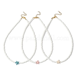 3Pcs 3 Colors Dyed Synthetic Turquoise Starfish & Glass Seed Beaded Necklaces&nbsp;NJEW-JN05330