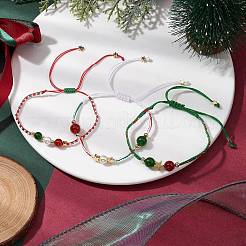 3Pcs 3 Styles Christmas 8mm Round Dyed Natural Malaysia Jade & Natural Carnelian & Glass Seed Beads Braided Bead Bracelets&nbsp;BJEW-MZ00070