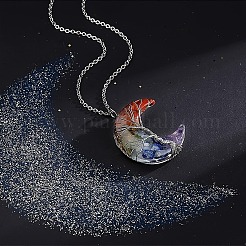 Resin with Gemstone Chip Inside Moon with Tree of Life Copper Wire Wrapped Chakra Pendant Necklaces&nbsp;WGC6175-01