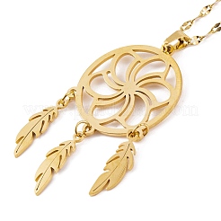 Woven Net/Web with Feather 201 Stainless Steel Boho Pendant Necklaces for Women&nbsp;NJEW-G087-03G