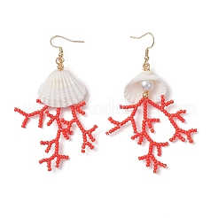 Shell Shape Glass Seed Beaded & Clam Shell Dangle Earrings&nbsp;EJEW-MZ00661-01