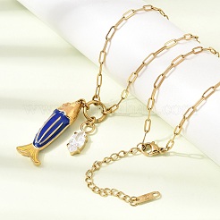 Ocean 304 Stainless Steel Enamel Fish Pendant Paperclip Chain Necklaces with Clear Cubic Zirconia&nbsp;SA-CBAD22F-07G-A