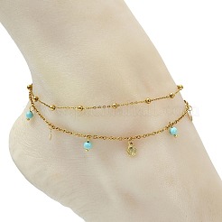 Round Natural Mixed Gemstone & 304 Stainless Steel Charm 2-Strand Anklets for Women&nbsp;AJEW-AN00816
