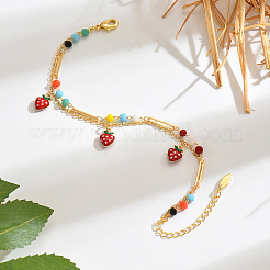 Bohemian Brass Enamel Red Strawberry Charm Plastic Beaded Chain Double Layer Anklets for Beach Vacation&nbsp;ZF7781-1