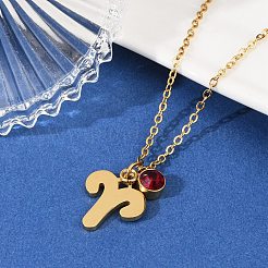 304 Stainless Steel Glass Drill Birth Stone Constellation Pendant Necklaces&nbsp;LS-STAS-D305-08G-A