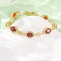 Heart & Oval Brass Micro Pave Cubic Zirconia Link Chain Bracelets for Women&nbsp;BJEW-A163-03G-02