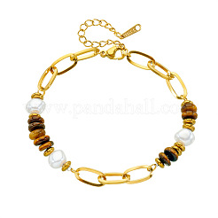 304 Stainless Steel Paperclip Chain Natural Tiger Eye Rondelle Beaded Bracelets for Women&nbsp;WGDB3B0-01