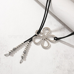 Flower Hollow Flower Bohemian Style Alloy Pendant Black Faux Suede Cord Lariat Necklaces for Women&nbsp;FS-WG7C28D-01