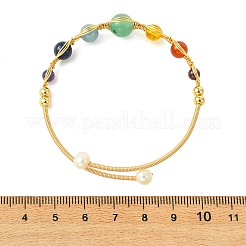 Chakra Herringbone Wire-Wrapped Gemstone Brass Cuff Bangles&nbsp;BJEW-JB14035